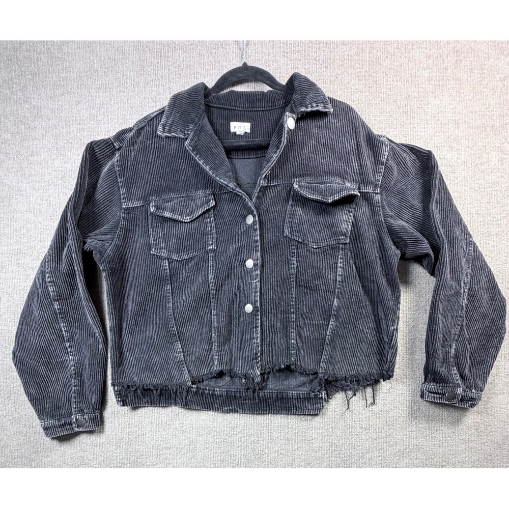 POL Black Corduroy Cropped Jacket Raw Hem Shacket Size L - Picture 2 of 7